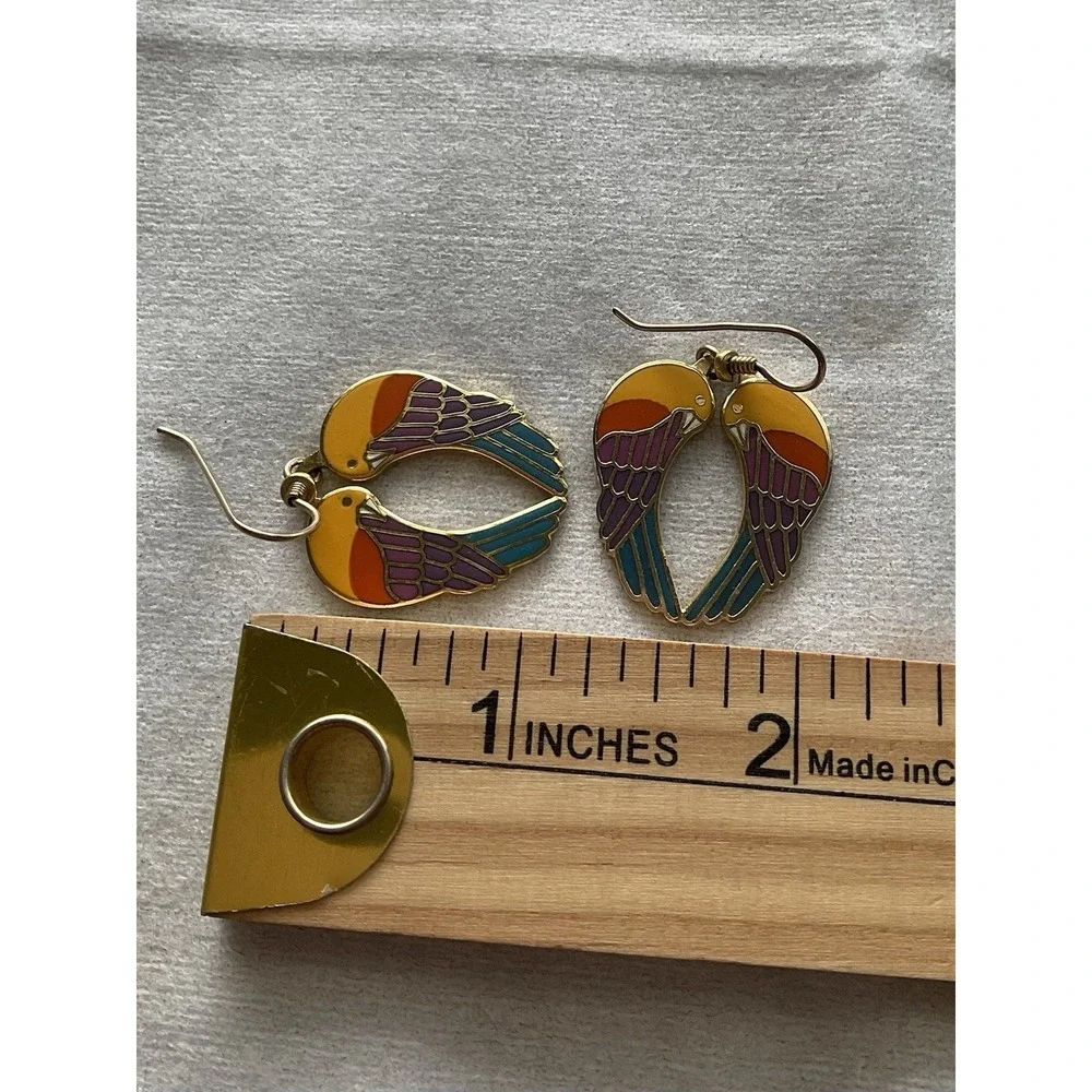 vintage Laurel Burch Signed Dangle earrings Enamel Love Bird Estate Jewelry - Picture 4 of 7